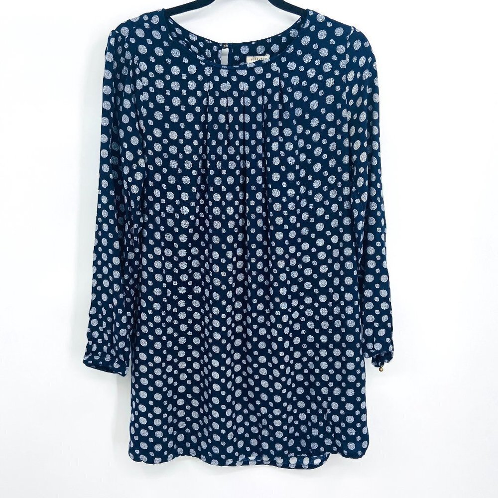 FOREVER 21 Navy Blue White Medallion Print Pleated Neck Blouse Top Size Large